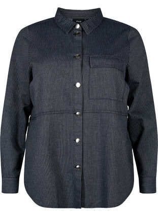 Kritstrecksrandig bomullsskjorta, Dark Blue Stripe, Packshot image number 0