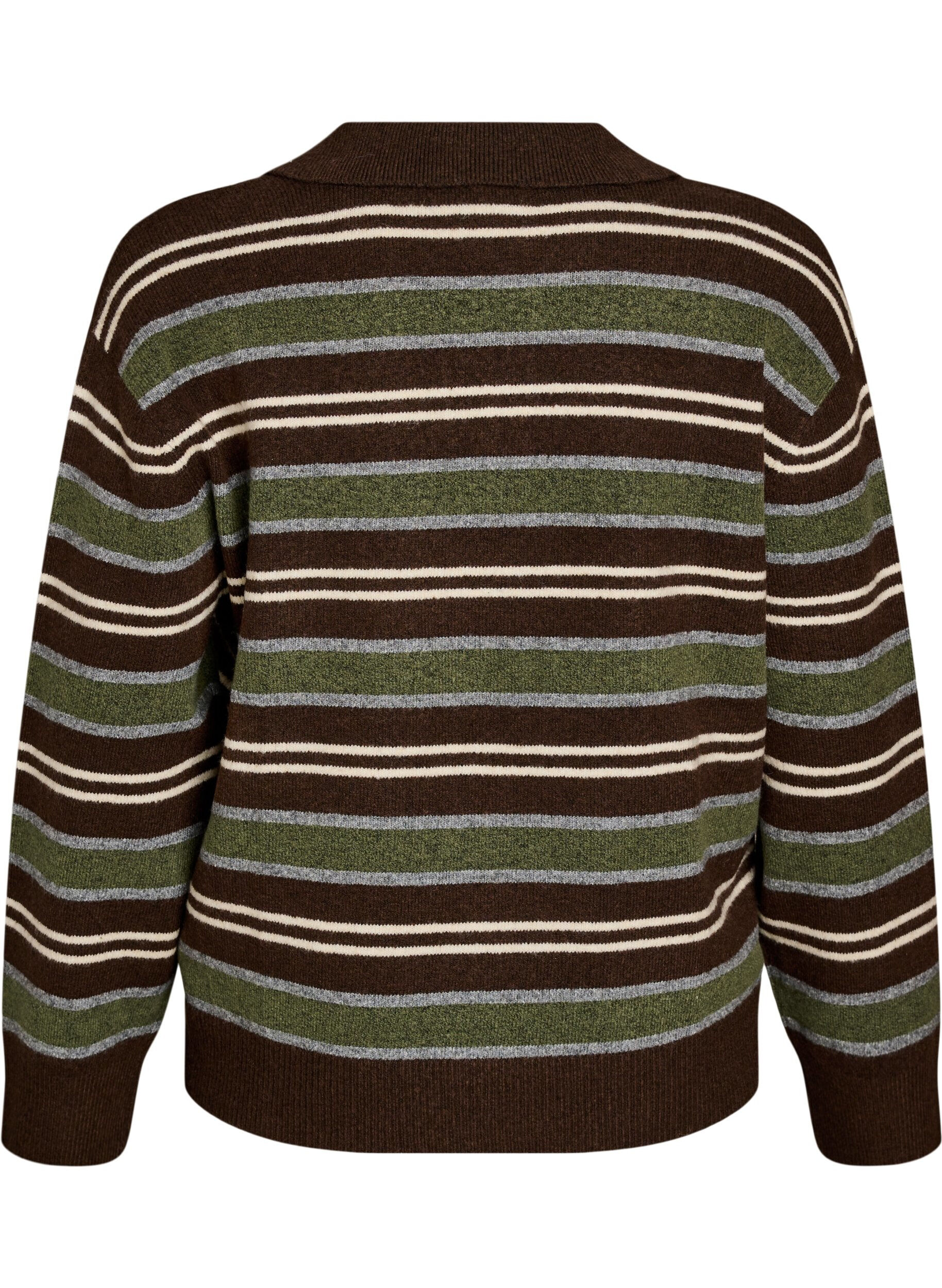 ZizziStickad blus med r&auml;nder och polokrage, Brun, Packshot image number 1