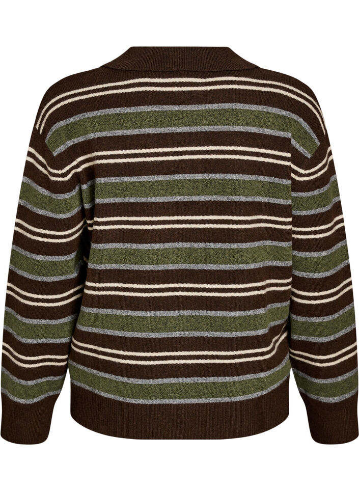 Stickad blus med r&auml;nder och polokrage, Brun, Packshot image number 1