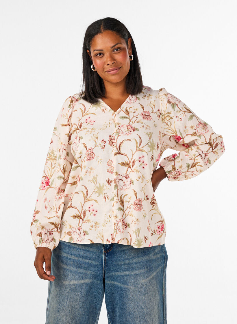 Blommig blus i linne och viskos med l&aring;nga &auml;rmar, Vanilla, Model image number 0