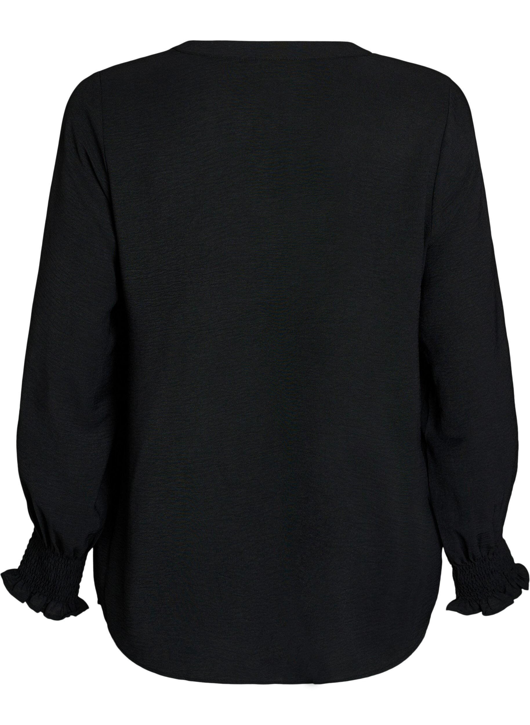 Zizzi Blus med smockade manschetter och v-ringning, Svart, Packshot image number 1