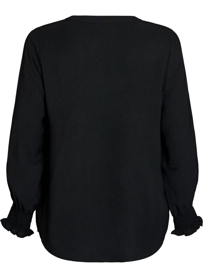 Blus med smockade manschetter och v-ringning, Svart, Packshot image number 1