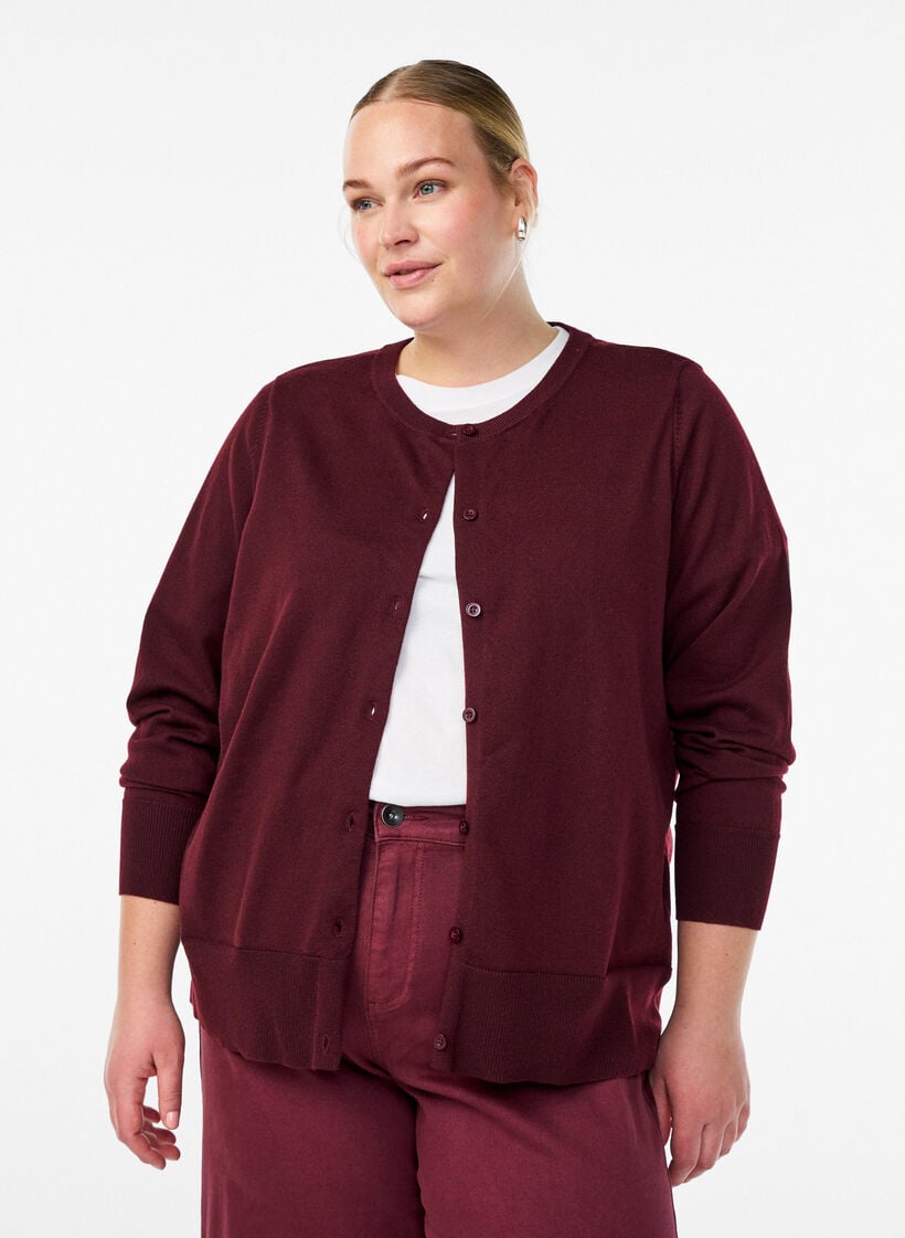 Finstickad kofta med rund halsringning, R&ouml;d, Model image number 0