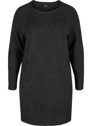 Melerad stickad klänning med rund halsringning och långa ärmar, Dark Grey Melange, Packshot image number 0