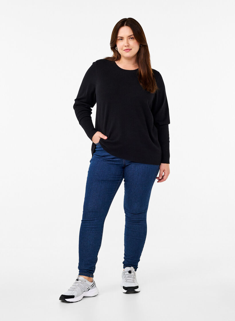 Stickad blus med rund hals, Svart, Model image number 1