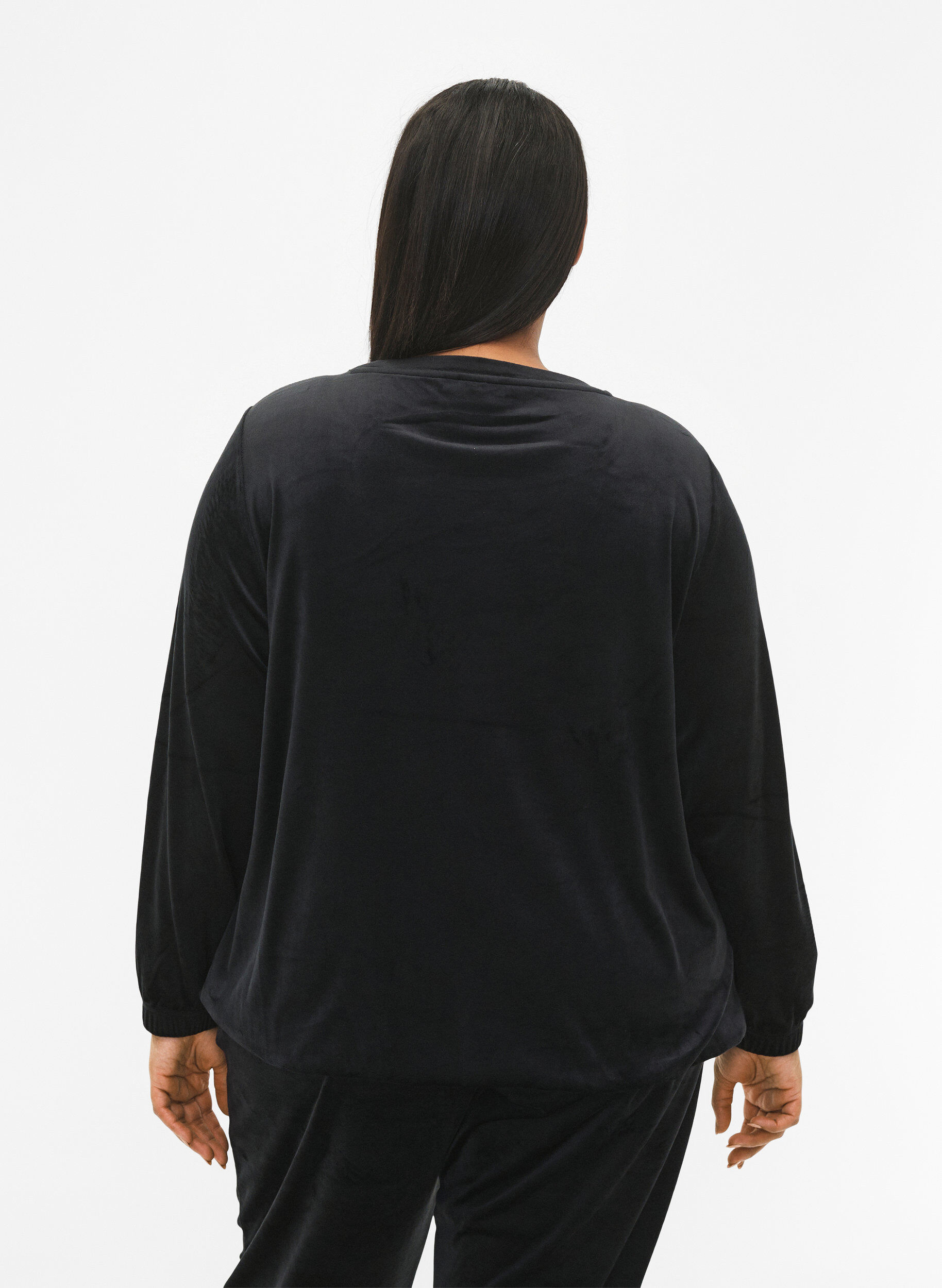 Zizzi Blus i velour med broderad text, Black, Model image number 1
