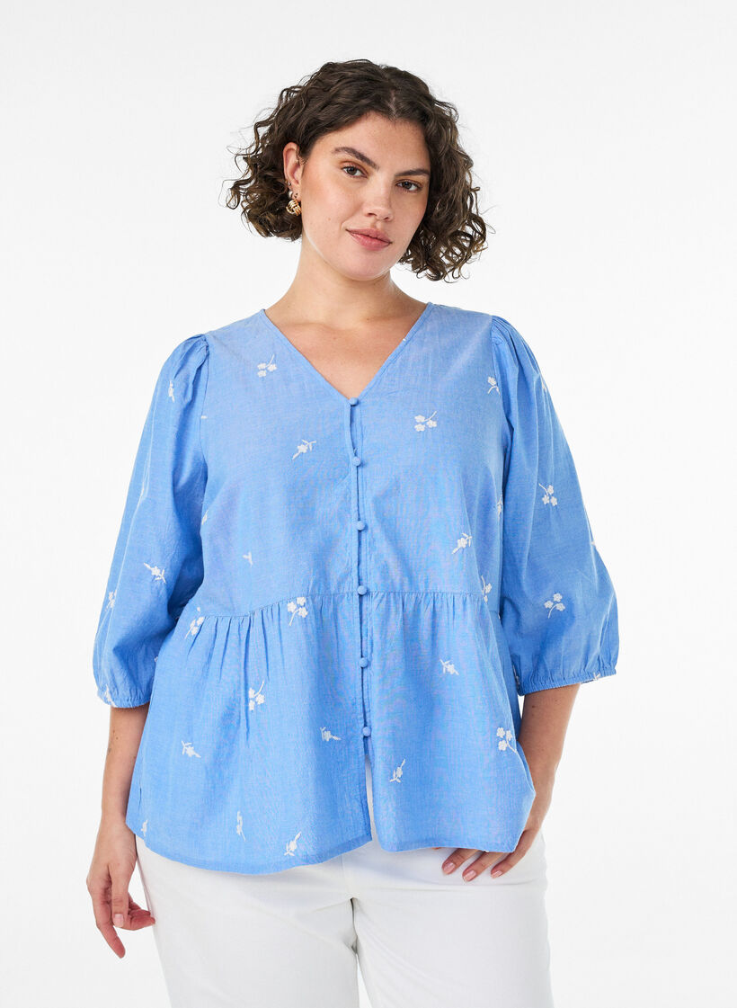 Blus i bomull med broderade blommor och knappkn&auml;ppning, Bl&aring;, Model image number 0