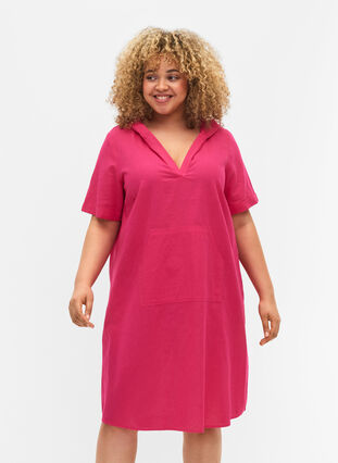 Kortärmad klänning med huva, Beetroot Purple, Model image number 0