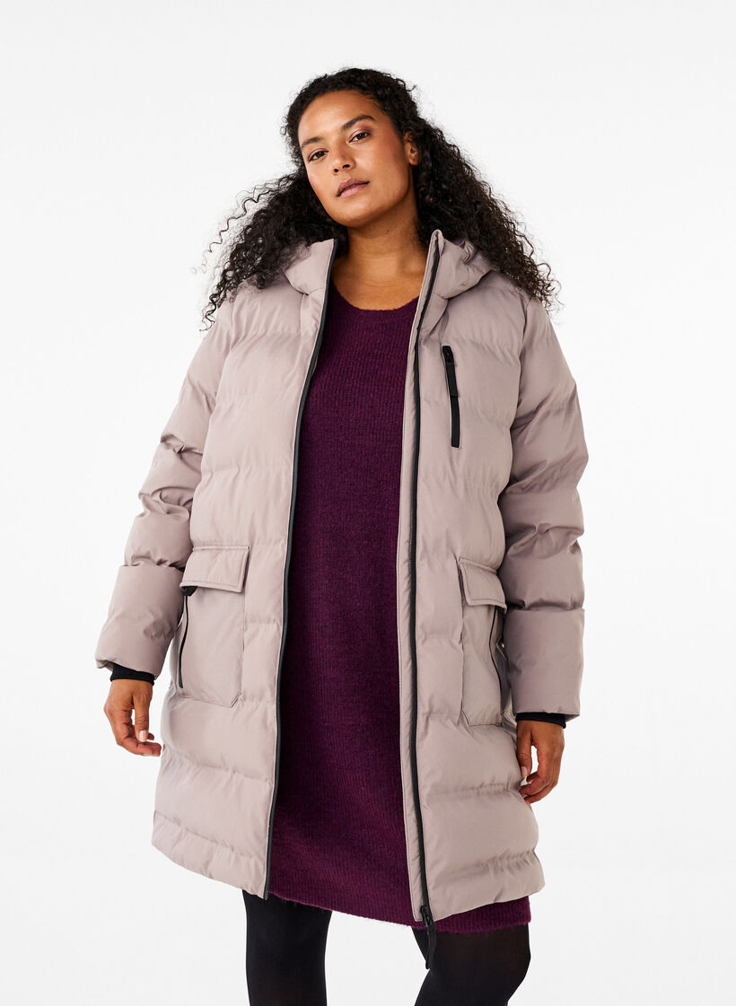 Pufferkappa med huva och fickor, Beige, Model image number 0