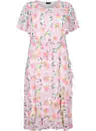 Kortärmad midiklänning med blommönster, White w. Pink Flower