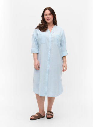 Randig skjortklänning i bomull, Blue Stripe, Model image number 2