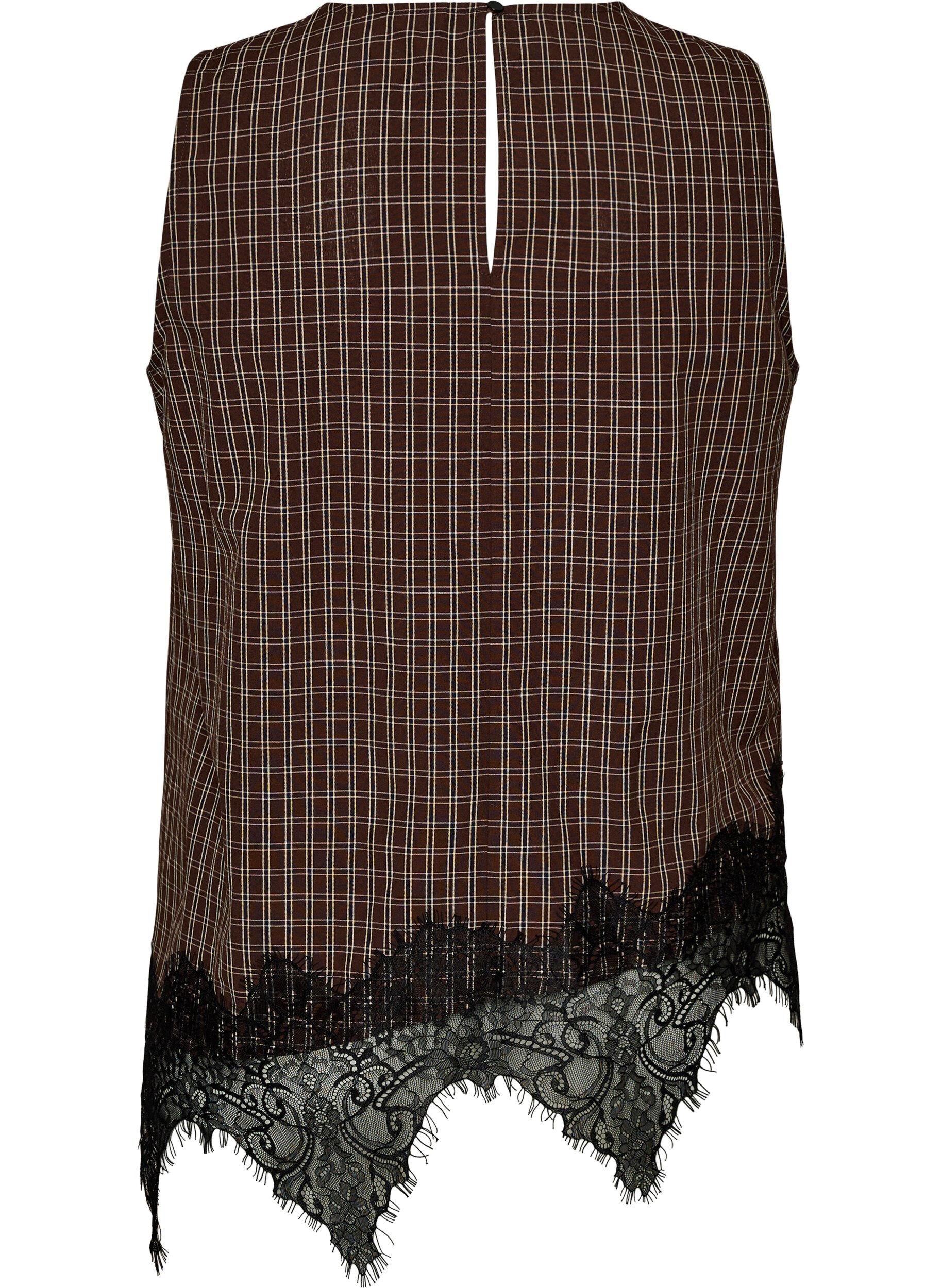 ZizziRutig topp med asymmetrisk spetskant, Brun, Packshot image number 1