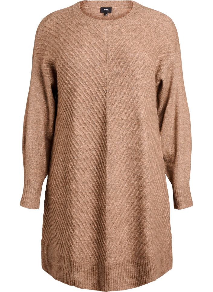 Kort stickad klänning med v-format strukturmönster, Brun, Packshot image number 0