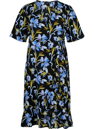 Tryckt omlottklänning med korta ärmar, Black Blue Flower, Packshot image number 0