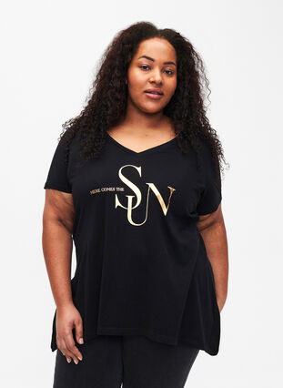 T-shirt i bomull med kort ärmar, Black W. Sun, Model image number 0