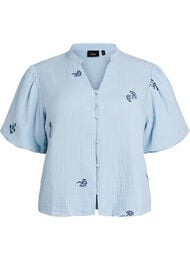 Blus i bomullsmuslin med ballong&auml;rmar och broderade detaljer, Bl&aring;