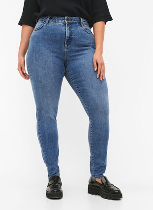 Amy jeans med hög midja och super slim fit, Blue denim, Model image number 2