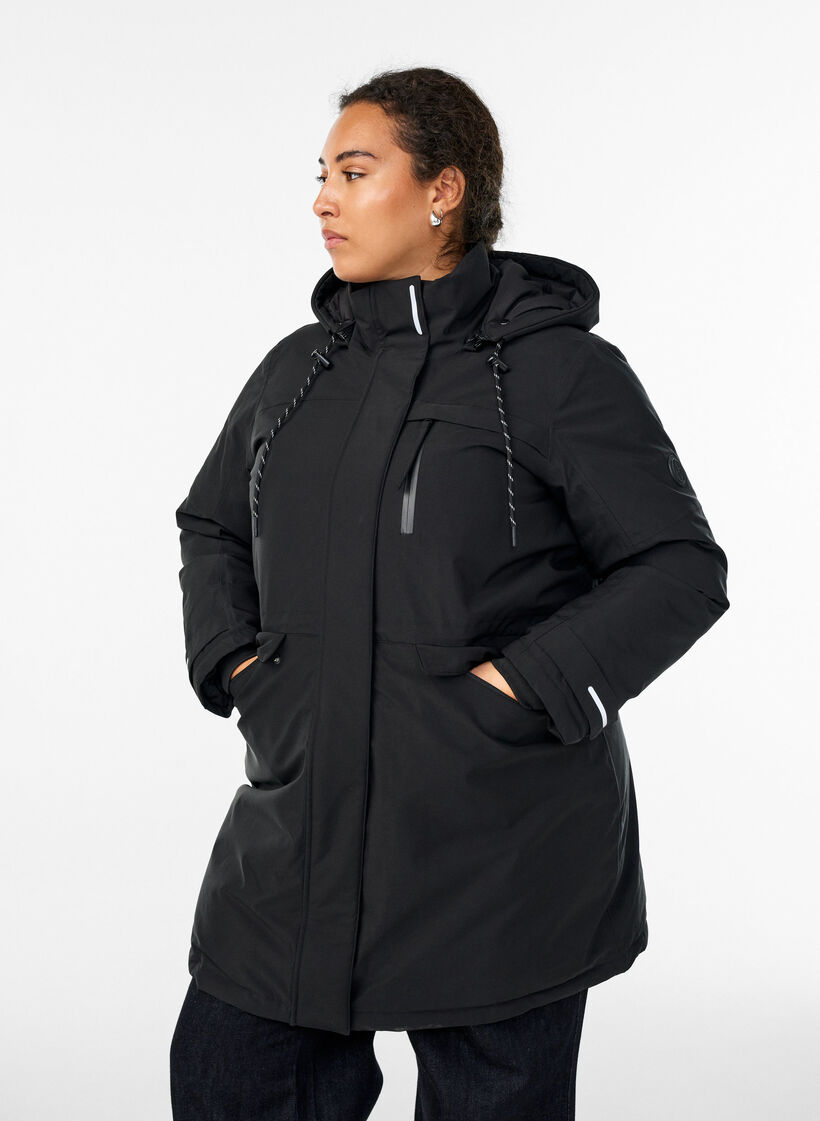 Vattenavvisande parkas med huva och funktionella detaljer, Svart, Model image number 0