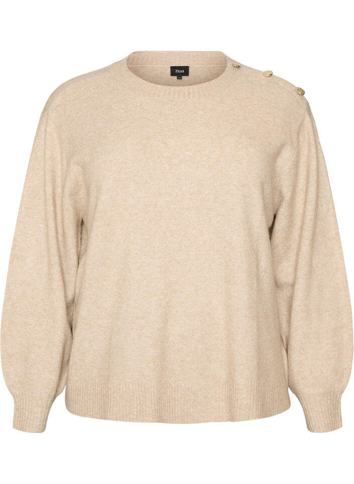 Stickad blus med knappdetalj, Beige, Packshot image number 0
