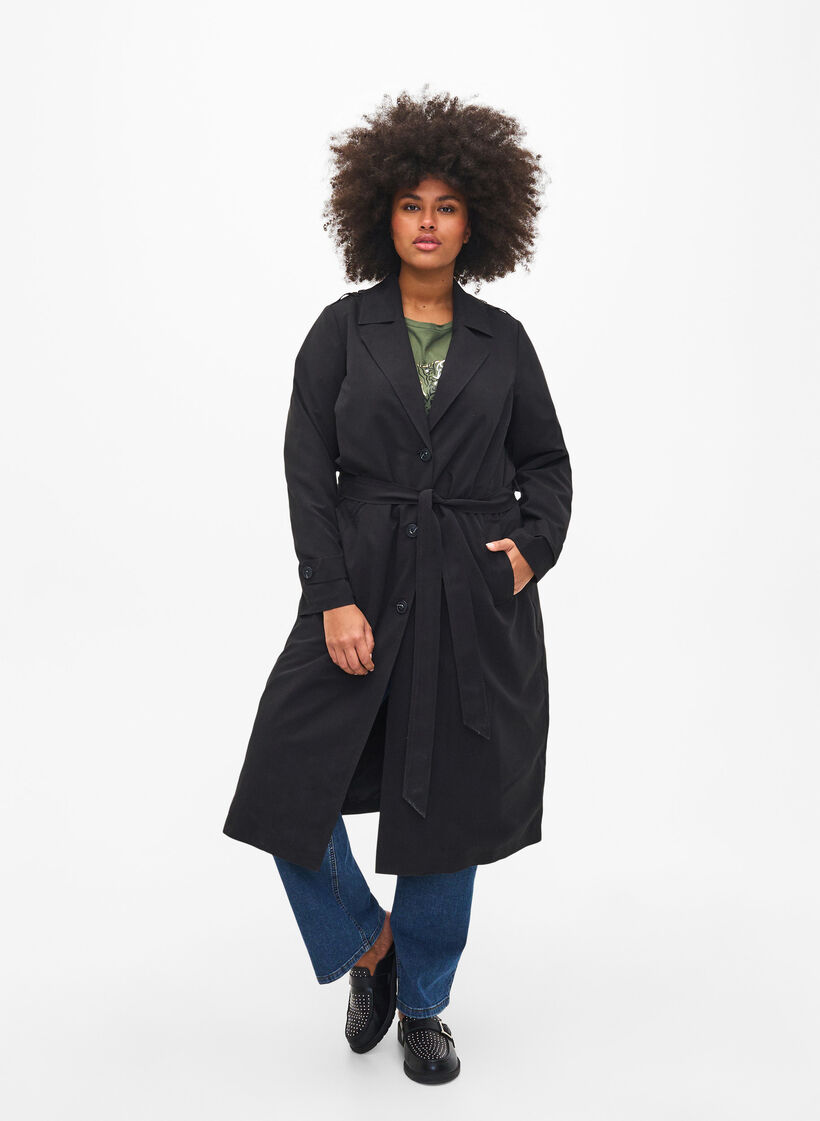 Lång trenchcoat med skärp, Black, Model image number 0