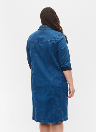 Skjortklänning i denim med 3/4-ärmar, Blue denim, Model image number 1