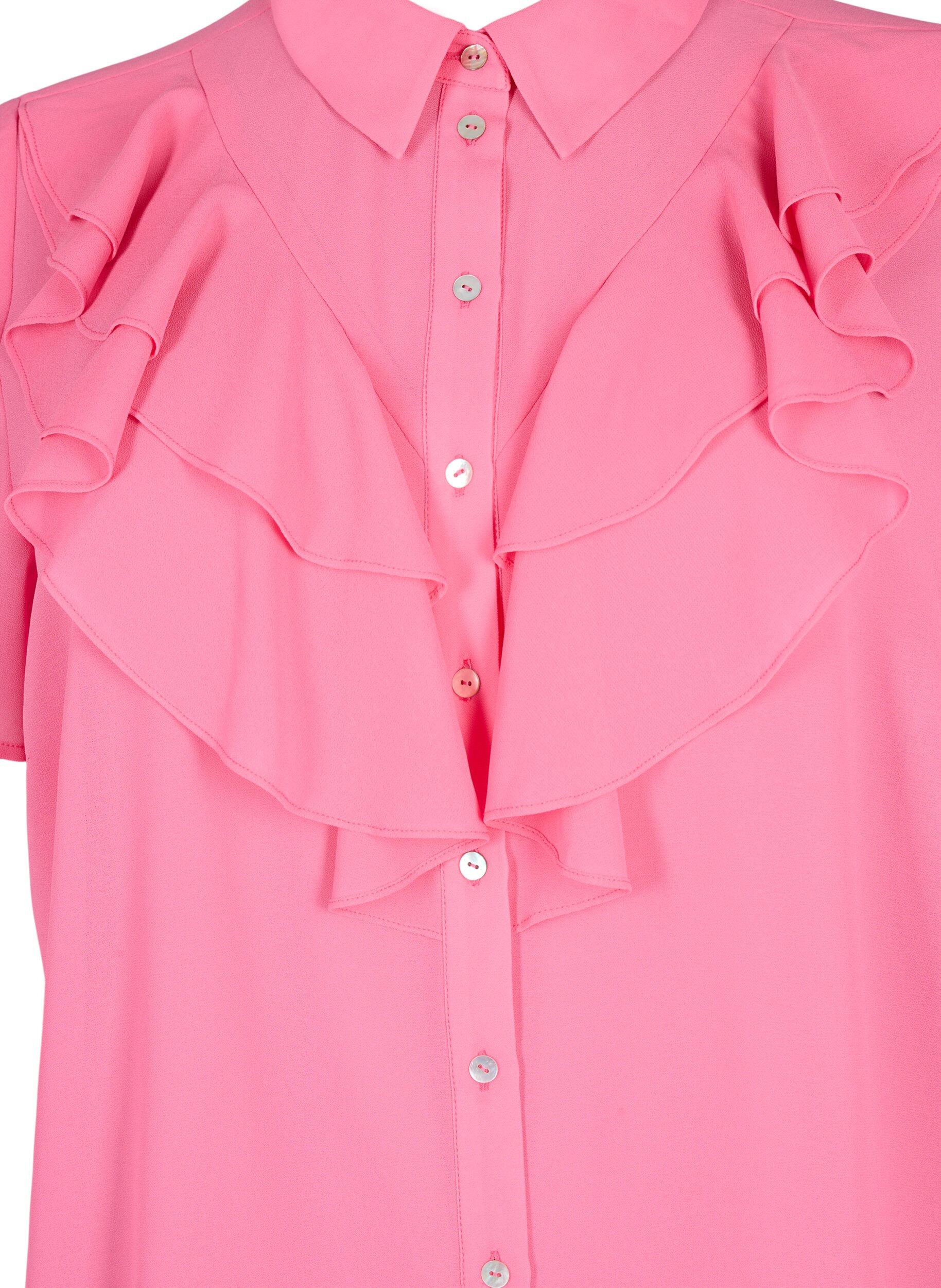 Zizzi Kort&auml;rmad skjortblus med volanger, Pink Power, Packshot image number 2