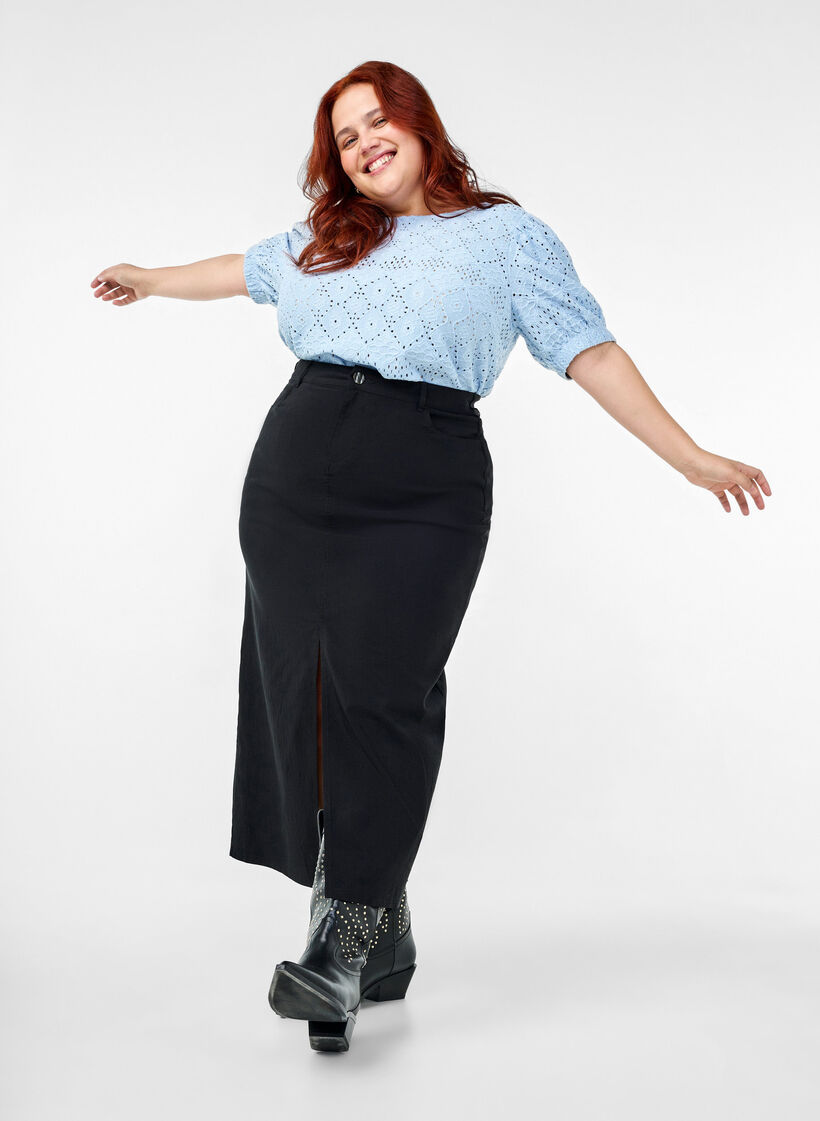 Kortärmad blus med spetsmönster, Cashmere Blue, Image image number 0