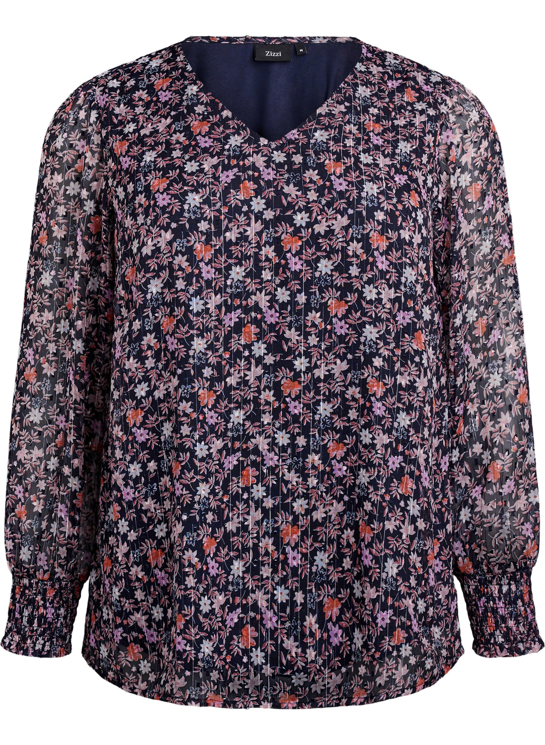 ZizziBlus med blomm&ouml;nster och glittertr&aring;d, Bl&aring;, Packshot image number 0