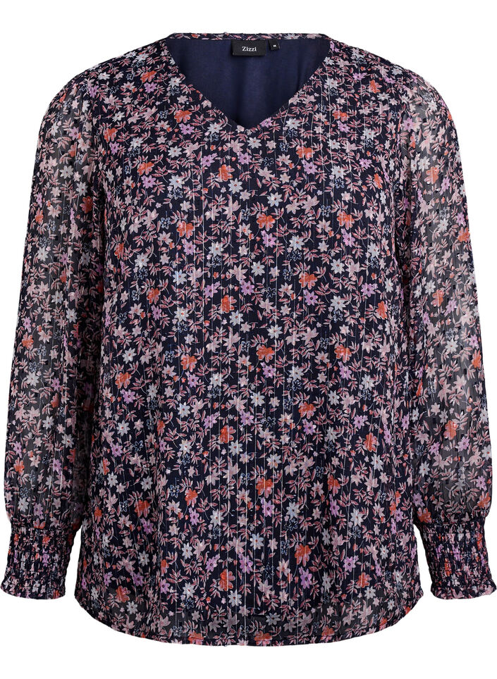 Blus med blomm&ouml;nster och glittertr&aring;d, Bl&aring;, Packshot image number 0