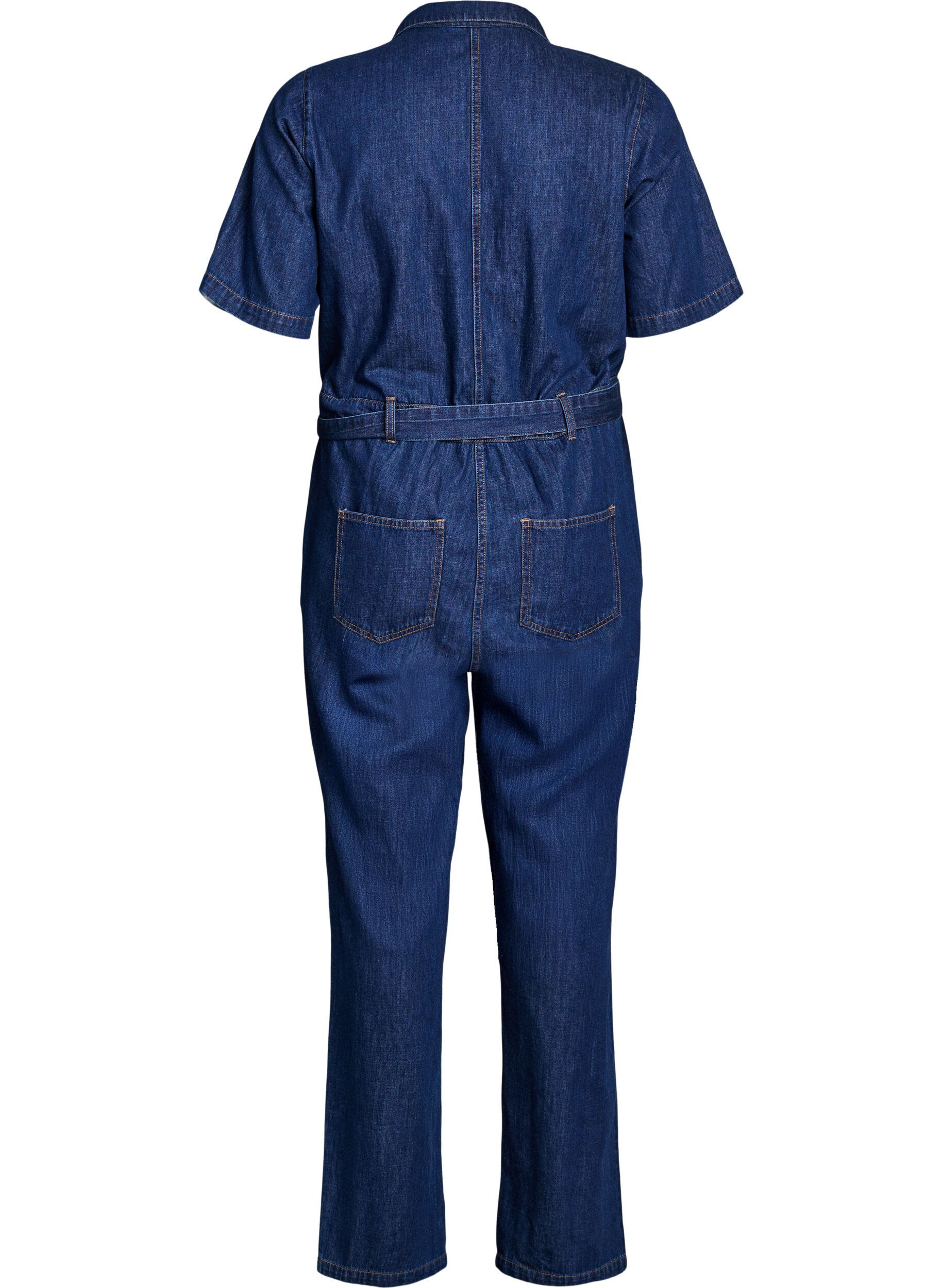 Zizzi Jumpsuit i denim med korta &auml;rmar och knytsk&auml;rp, Bl&aring;, Packshot image number 1