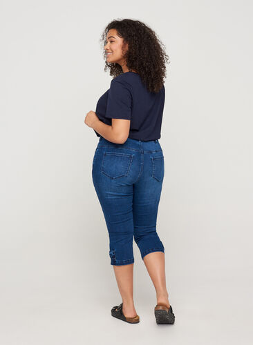 Trekvartsbyxor i jeans med rosett, Dark blue denim, Model image number 1