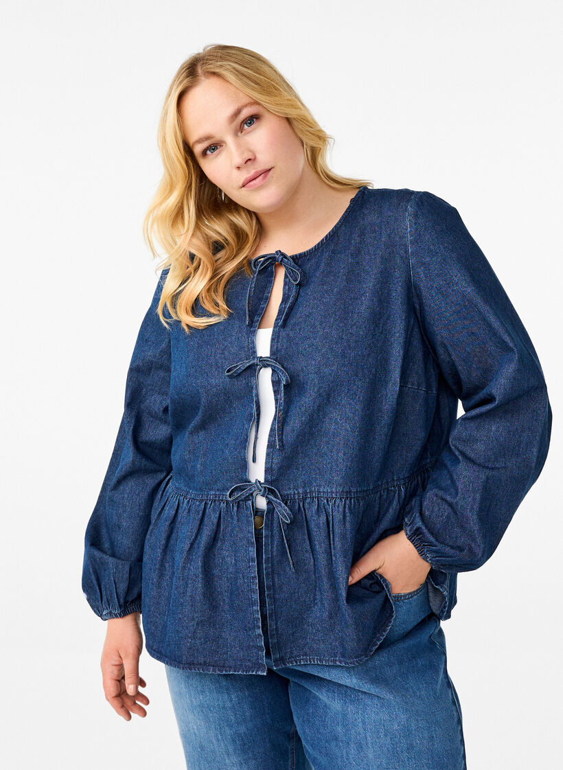 Peplum blus i denim med knytband, Blå, Model image number 0