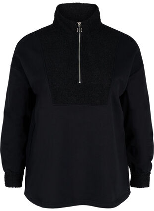 Höghalsad sweatshirt med teddymaterial och dragkedja, Black, Packshot image number 0