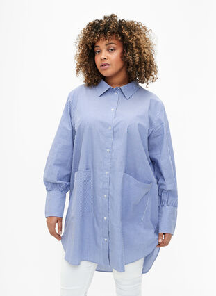 Randig bomullsskjorta med lös passform, Baja Blue Stripe, Model image number 0