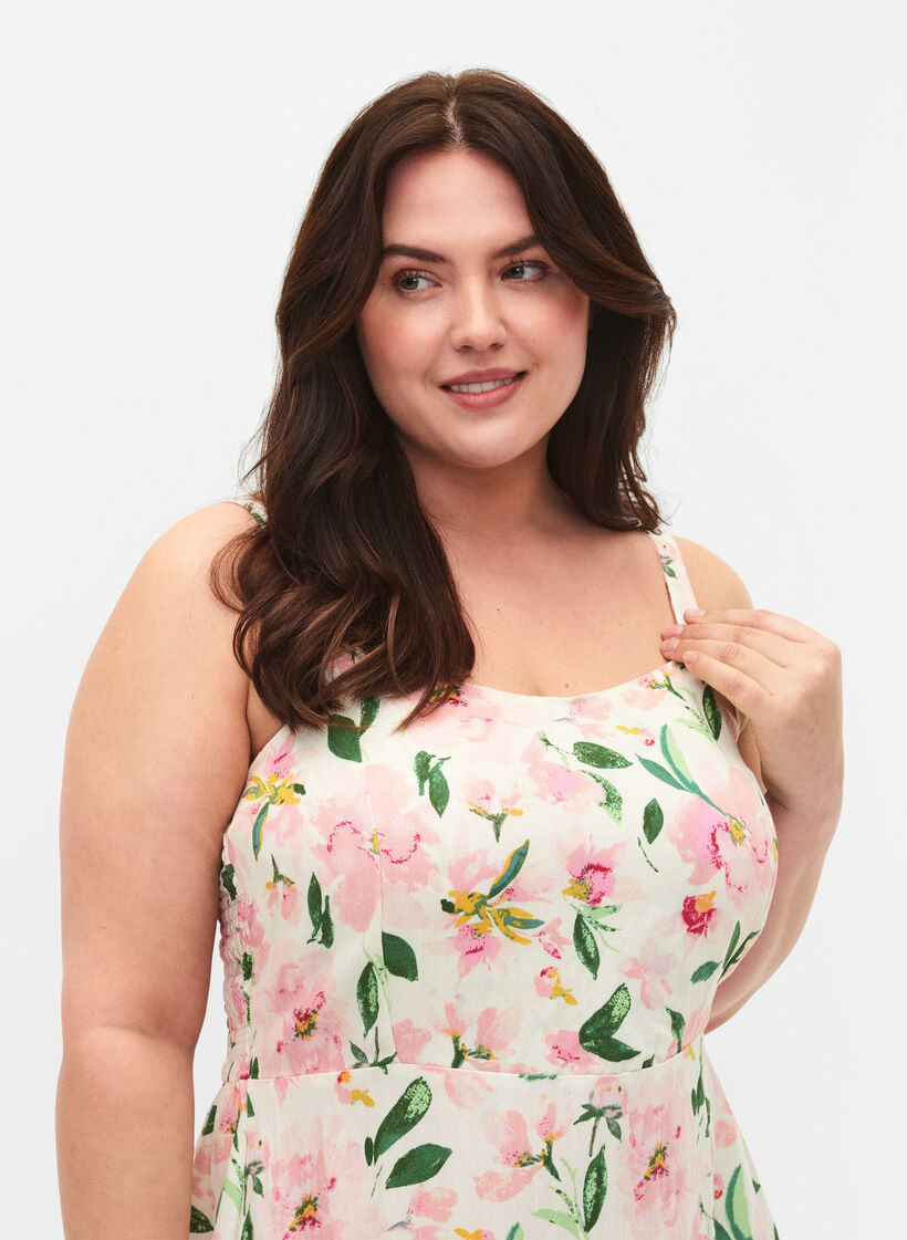 Blommig slipklänning i viskos med smock, Off White Flower, Model image number 2