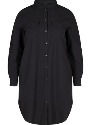 Lång bomullsskjorta med bröstfickor, Black, Packshot image number 0