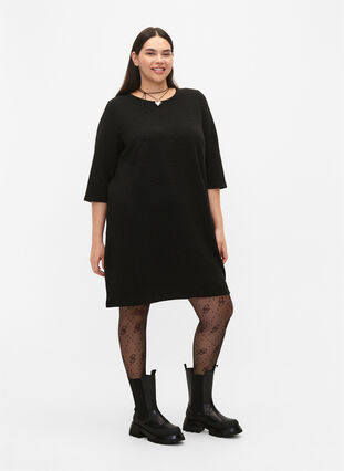 Klänning med textur och trekvartsärmar, Black, Model image number 2