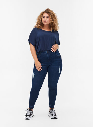 Super slim Amy Jeans med slits, Dark blue denim, Model image number 0