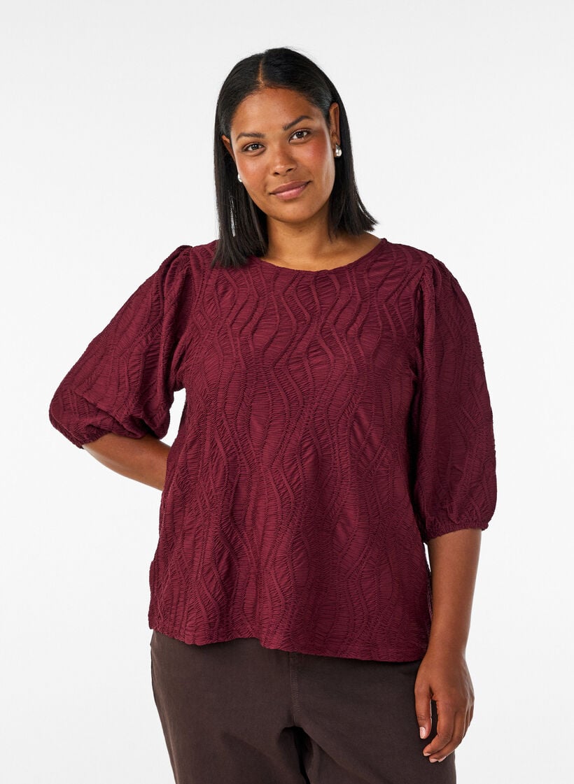 Blus med struktur och 3/4-&auml;rmar, R&ouml;d, Model image number 0