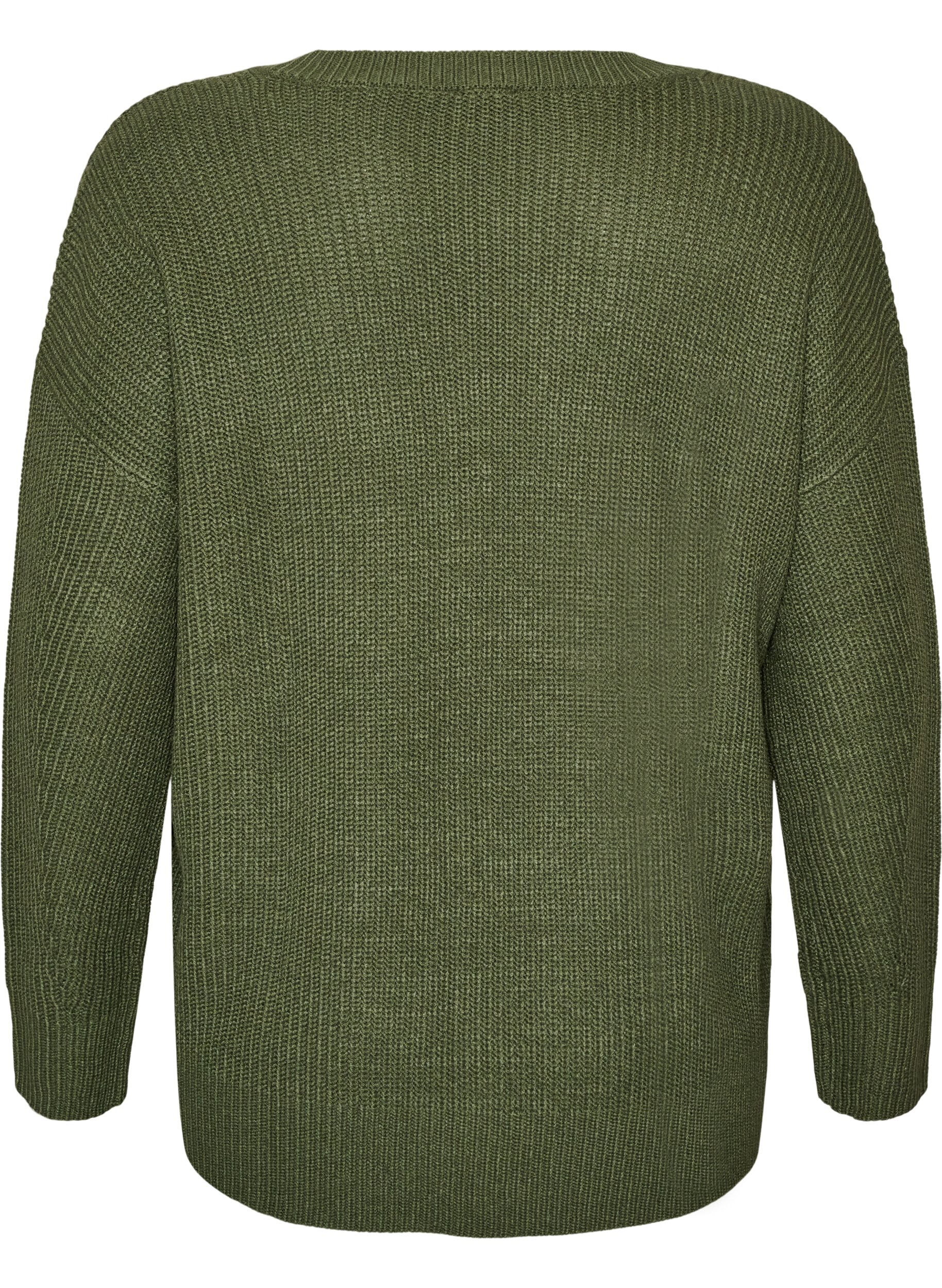 ZizziL&aring;ng ribbstickad blus med V-ringning, Gr&ouml;n, Packshot image number 1