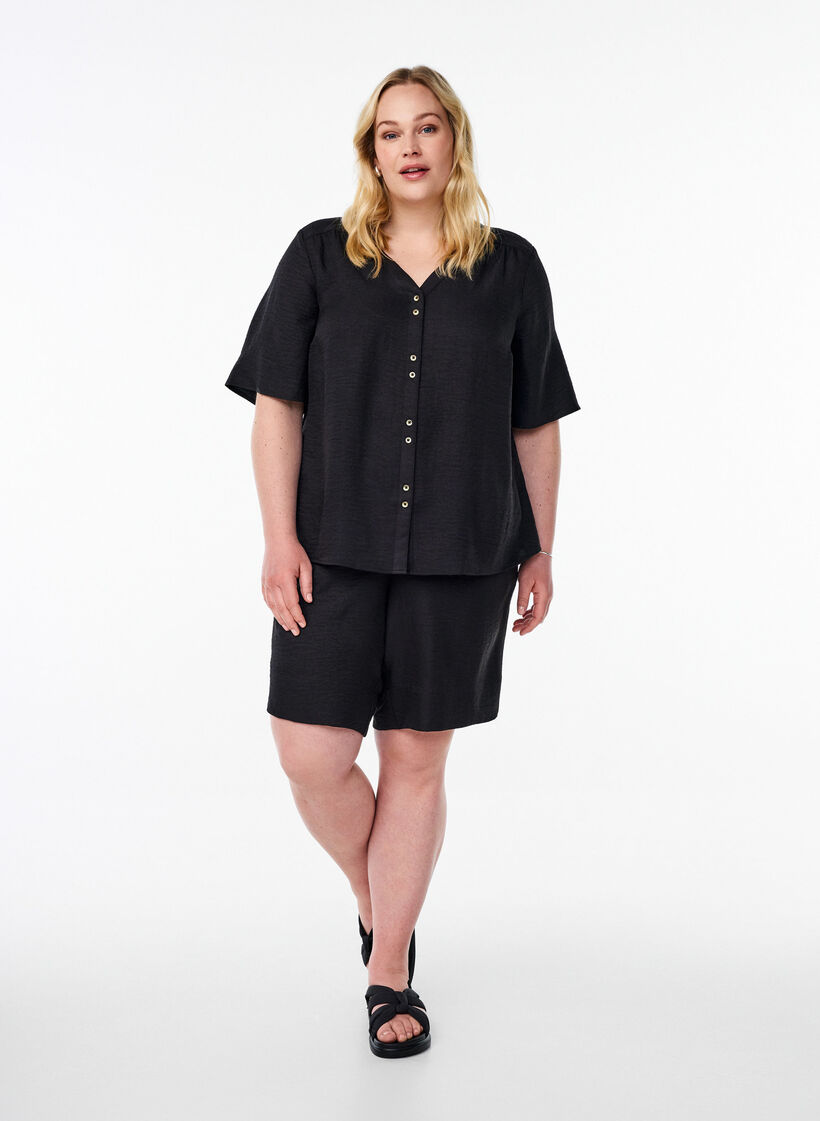 V-ringad skjortblus med korta &auml;rmar, Svart, Model image number 1