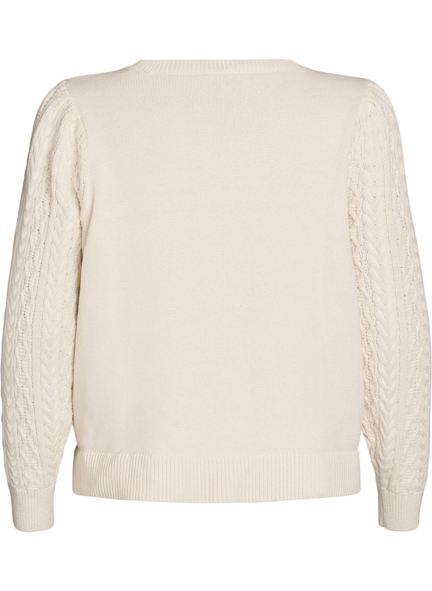 Zizzi Stickad blus med kabelm&ouml;nster och broderade blommor, Vit, Packshot image number 1