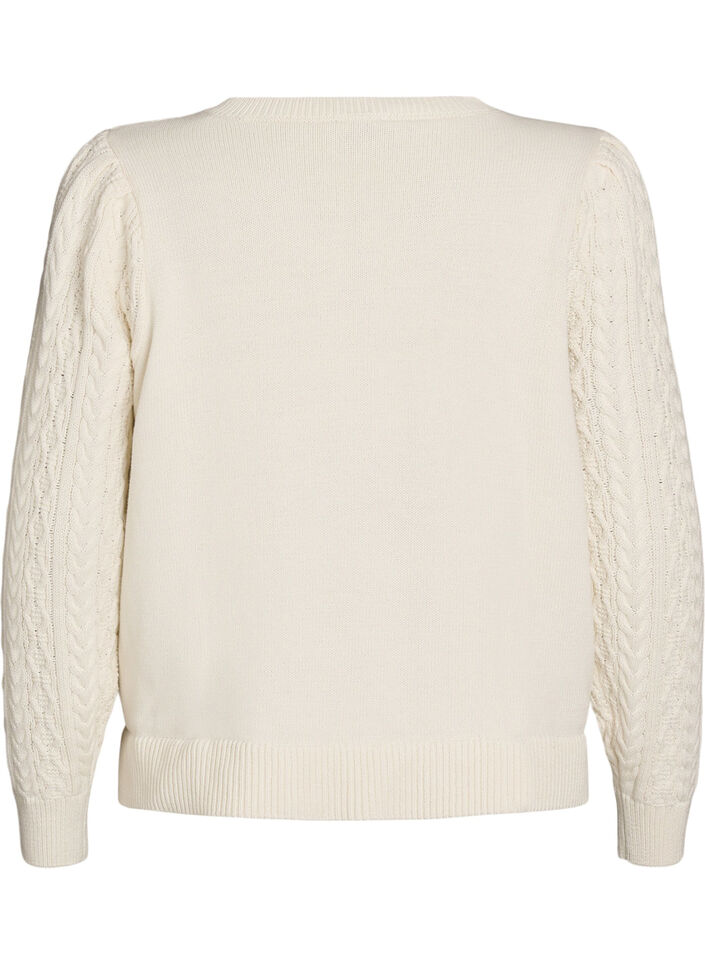 Stickad blus med kabelmönster och broderade blommor, Vit, Packshot image number 1