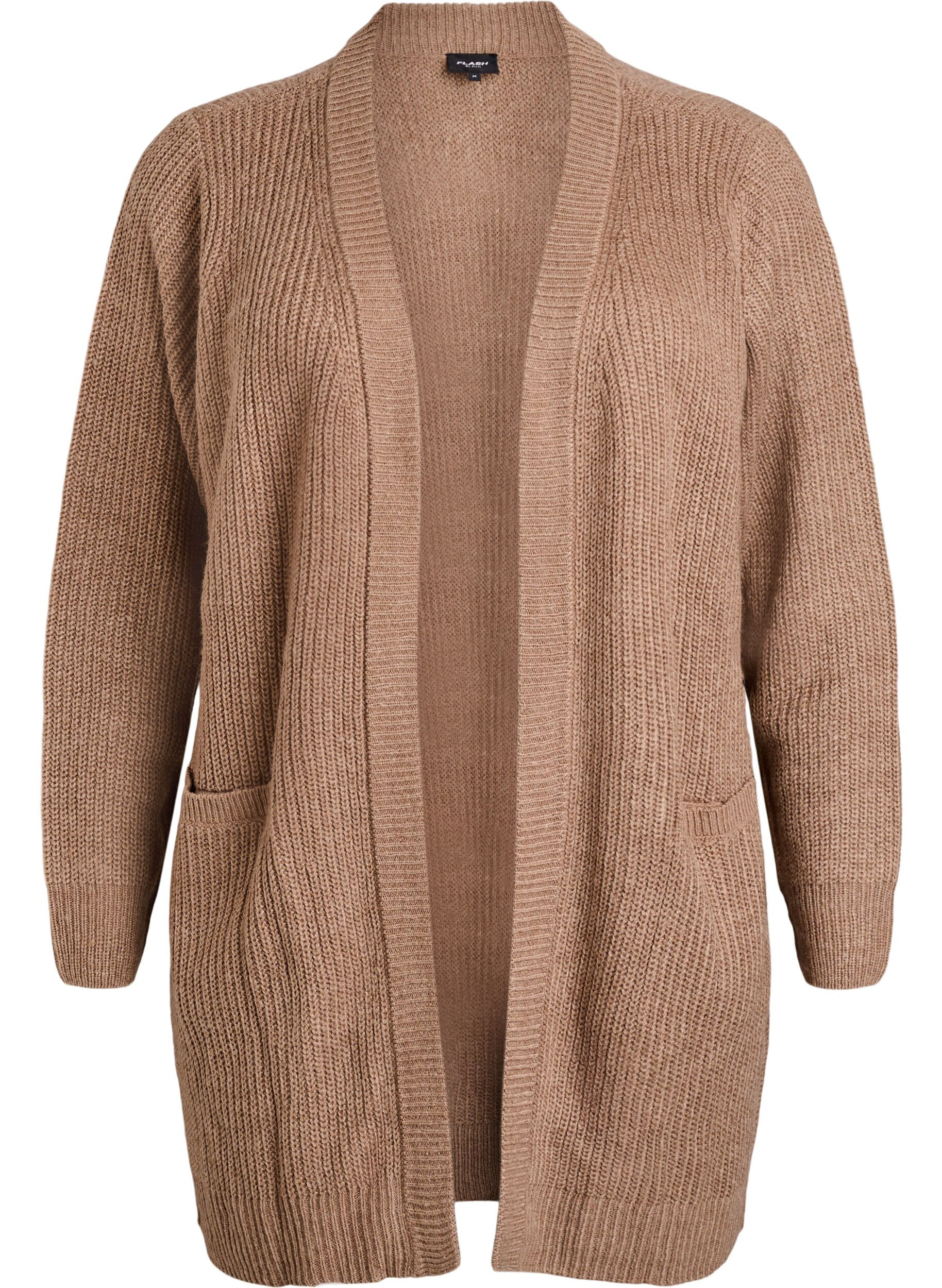 Zizzi FLASH - L&aring;ng ribbstickad kofta med fickor, Brun, Packshot image number 0