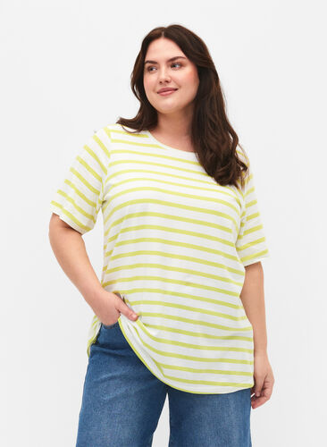Randig T-shirt i ekologisk bomull, Wild Lime Stripes, Model image number 0