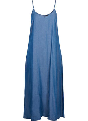Lång denimklänning med tunna axelband, Dark blue denim, Packshot image number 0