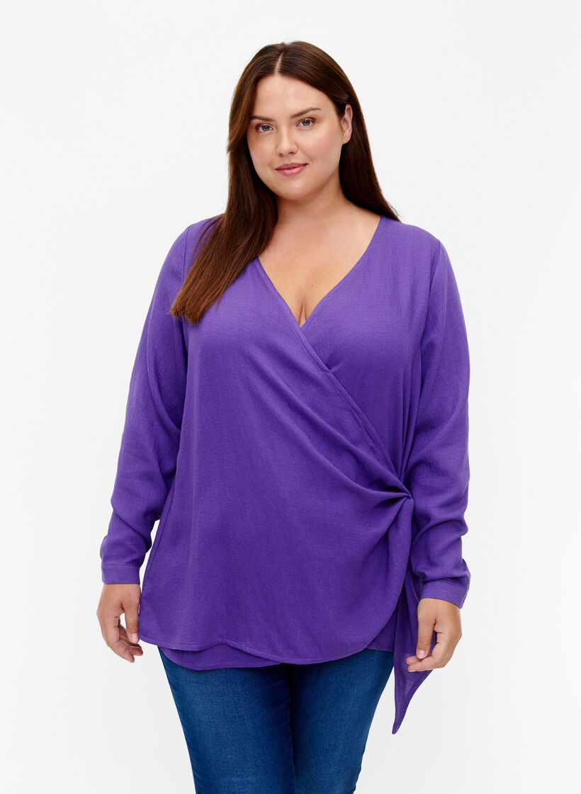 Långärmad blus i viskos med omlottlook, Prism Violet, Model image number 0