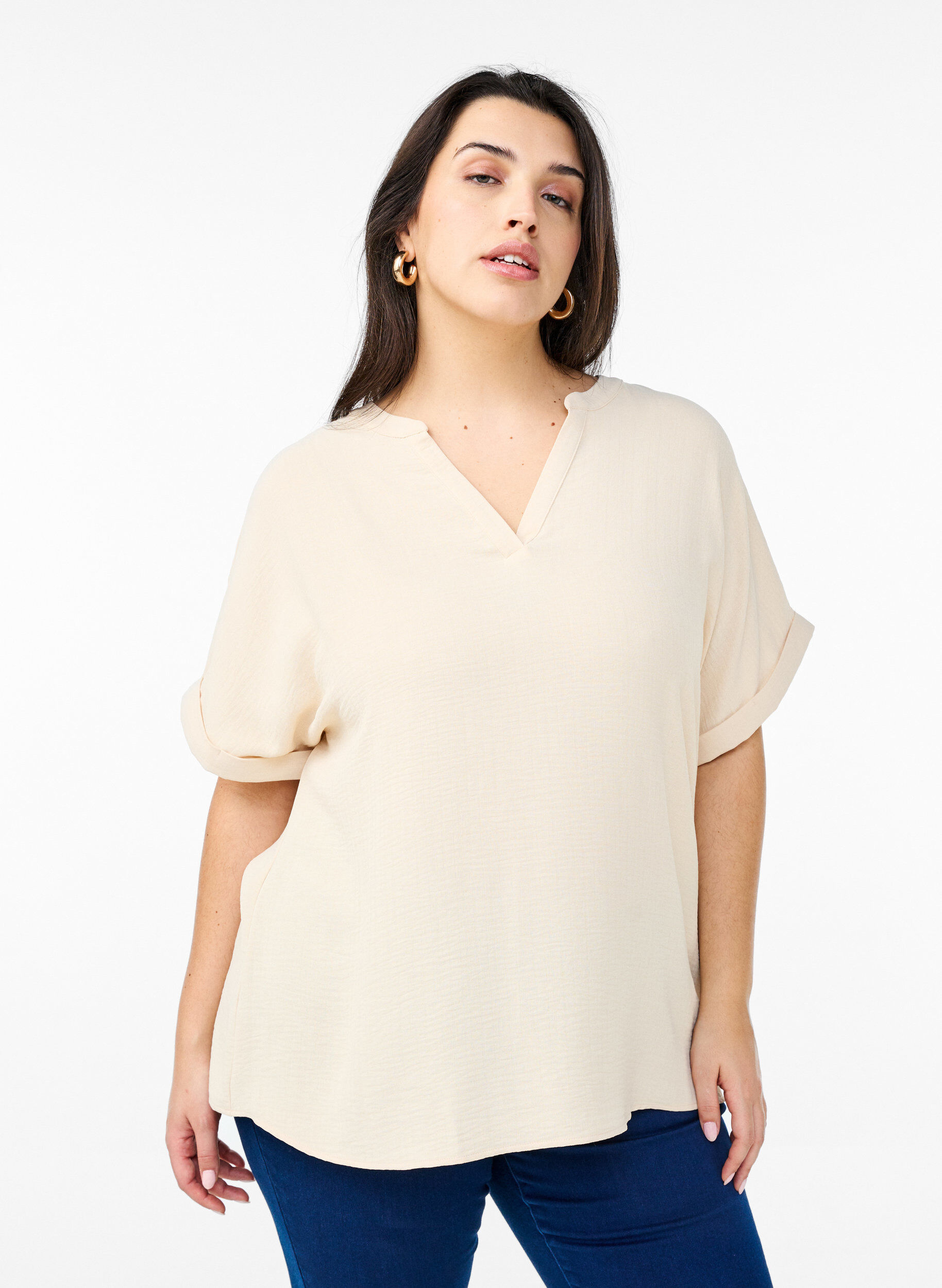 ZizziL&ouml;s blus med korta &auml;rmar, Beige, Model image number 0