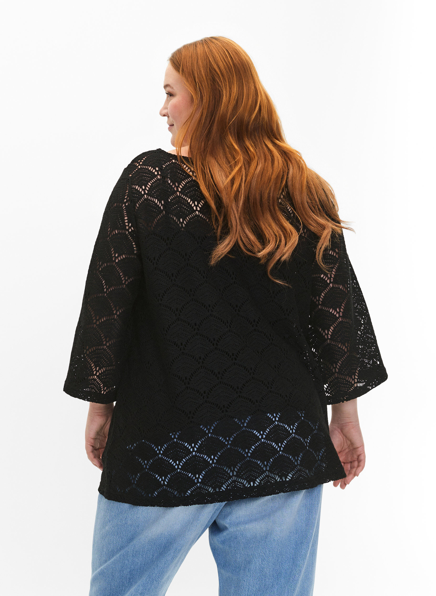 Zizzi Crochet blus med 3/4 &auml;rmar, Black, Model image number 1