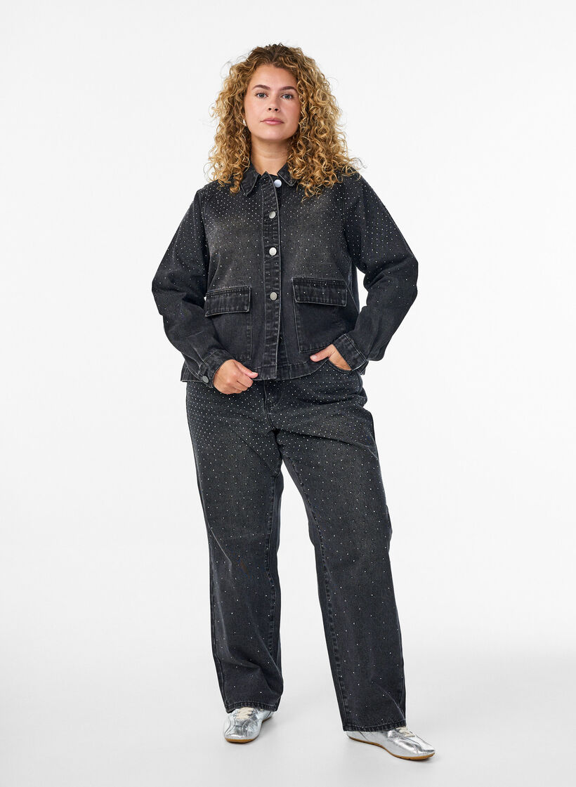 Raka jeans med strass och hög midja, Grå, Model image number 0